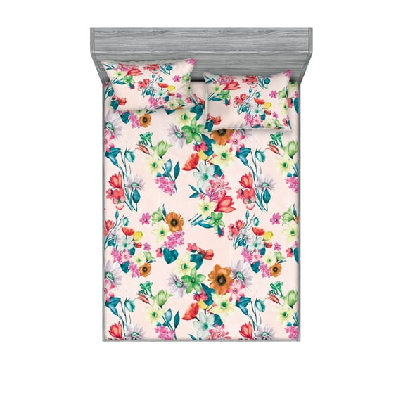 Floral Boho Fitted Sheet & Pillow Sham Set, Colorful Design Delicate Garden Flowers Springtime Inspiration Dreamy Art, Decorative Printed 3 Piece Bedding Decor, King, Blush Multicolor, by Ambesonne