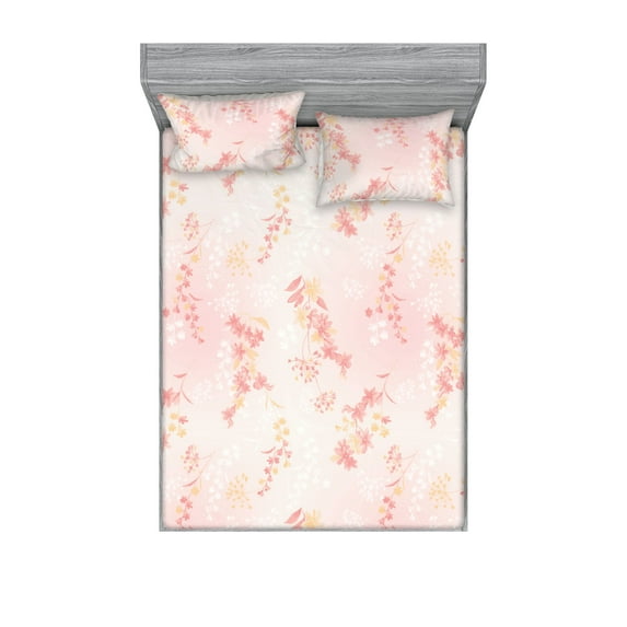 Floral Boho Fitted Sheet & Pillow Sham Set, Dreamy Autumn Time Flowers Pattern with Romantic Aura Neutral Art, Decorative Printed 3 Piece Bedding Decor, Full, Pale Pink Coral White, by Ambesonne