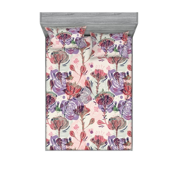 Floral Boho Fitted Sheet & Pillow Sham Set, Dreamy Silhouettes of Garden Flowers Vintage with Trippy Ornaments, Decorative Printed 3 Piece Bedding Decor, Full, Pale Pink Dark Coral, by Ambesonne