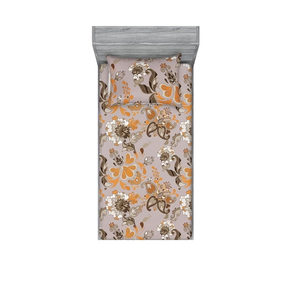 Floral Boho Fitted Sheet & Pillow Sham Set, Flowers Vintage Design Garden Scene Paisley Looking Neutral Artwork, Decorative Printed 2 Piece Bedding Decor, Twin, Purple Grey and Amber, by Ambesonne