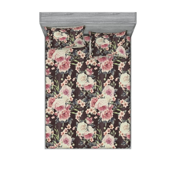 Floral Boho Fitted Sheet & Pillow Sham Set, Garden Scene Composition with Flowers Vintage and Leaves Greenery, Decorative Printed 3 Piece Bedding Decor, King, Pale Yellow Pastel Pink, by Ambesonne