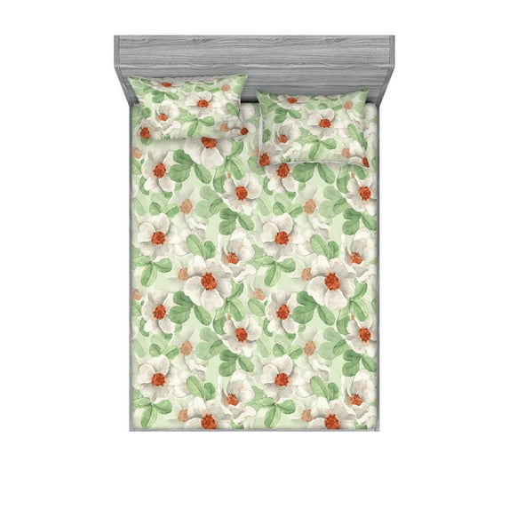 Floral Boho Fitted Sheet & Pillow Sham Set, Garden Scene Inspired Flowers Vintage and Leaves Greenery Print, Decorative Printed 3 Piece Bedding Decor, King, Peacock Green and Cinnamon, by Ambesonne