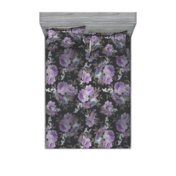 Floral Boho Fitted Sheet & Pillow Sham Set, Gothic Vibes Forest Flowers Vintage with Leaves Romantic Print, Decorative Printed 3 Piece Bedding Decor, Full, Pale Lilac Dusk Off White, by Ambesonne