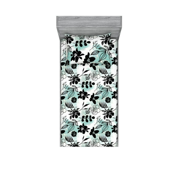 Floral Boho Fitted Sheet & Pillow Sham Set, Hibiscus and Rose Flowers with Fern Leaves Silhouettes on Minty Back, Decorative Printed 2 Piece Bedding Decor, Twin, Charcoal Grey White, by Ambesonne