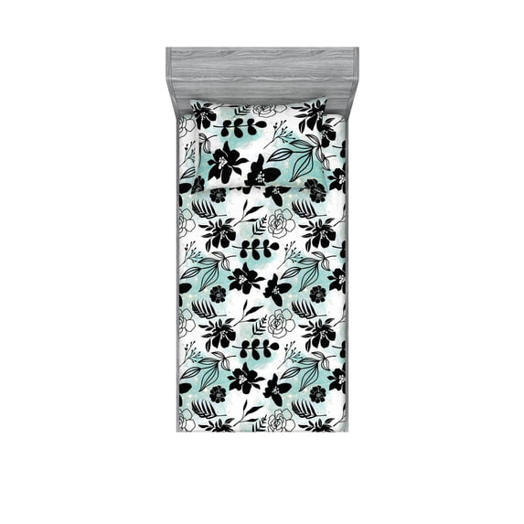 Floral Boho Fitted Sheet & Pillow Sham Set, Hibiscus and Rose Flowers with Fern Leaves Silhouettes on Minty Back, Decorative Printed 2 Piece Bedding Decor, Twin, Charcoal Grey White, by Ambesonne