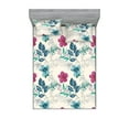 thumbnail image 1 of Floral Boho Fitted Sheet & Pillow Sham Set, Jungle Inspirations Vintage Hibiscus Flowers with Leafy Pattern, Decorative Printed 3 Piece Bedding Decor, Full, Eggshell Magenta Seafoam, by Ambesonne, 1 of 2