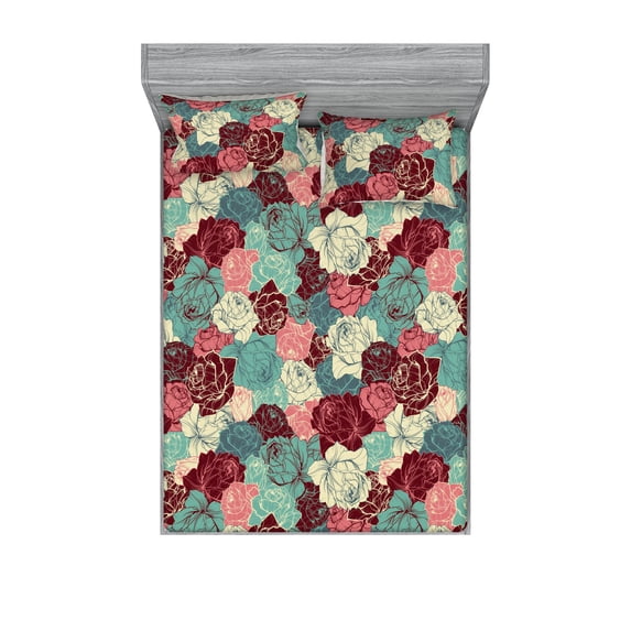 Floral Boho Fitted Sheet & Pillow Sham Set, Line Style Drawn Delicate Flowers Botany Pattern with Vintage Colors, Decorative Printed 3 Piece Bedding Decor, Queen, Pastel Pink Sea Green, by Ambesonne