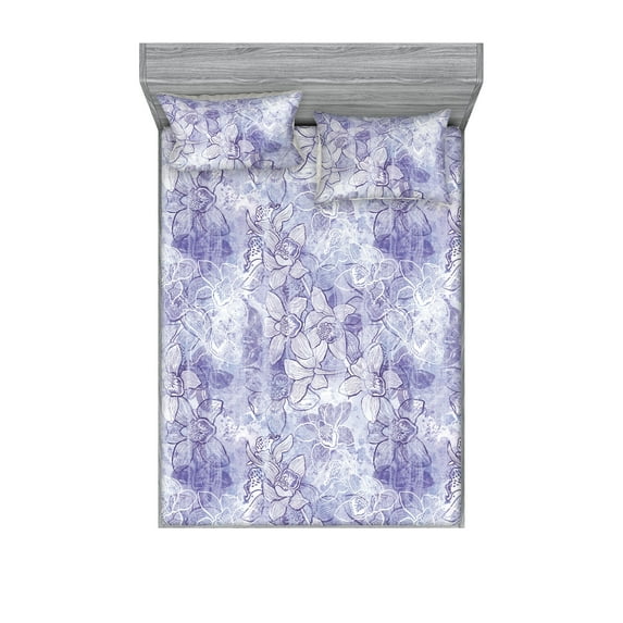 Floral Boho Fitted Sheet & Pillow Sham Set, Neutral Garden Scene Inspired Lilac Flowers Vintage Pattern Print, Decorative Printed 3 Piece Bedding Decor, Calking, Pale Lavender Off White, by Ambesonne
