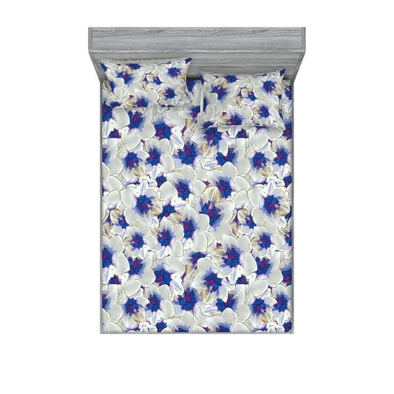 Floral Boho Fitted Sheet & Pillow Sham Set, Simple Design Delicate Daffodils Pattern Japanese Inspired Print, Decorative Printed 3 Piece Bedding Decor, Calking, Pale Sage Green Dark Blue, by Ambesonne