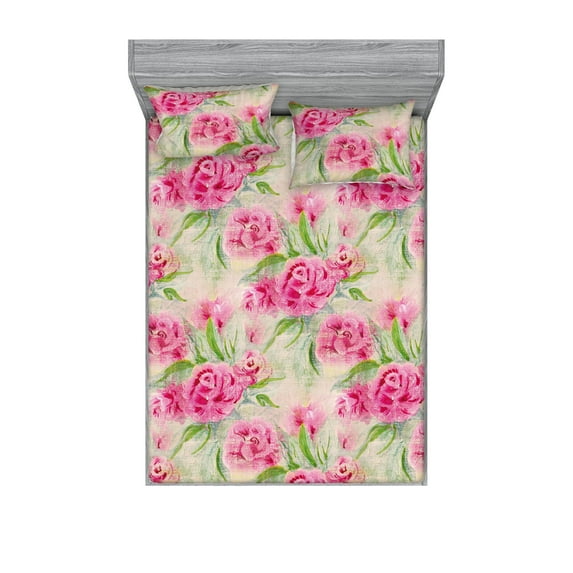Floral Boho Fitted Sheet & Pillow Sham Set, Simple Modern Blooming Roses Watercolor Style Delicate Flowers Print, Decorative Printed 3 Piece Bedding Decor, Full, Fern Green Hot Pink, by Ambesonne