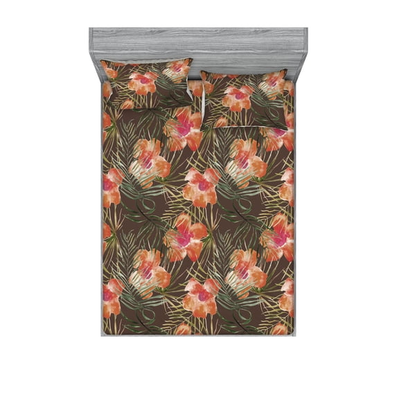 Floral Boho Fitted Sheet & Pillow Sham Set, Tropical Feels Watercolor Flowers Vintage with Leaves Greenery, Decorative Printed 3 Piece Bedding Decor, King, Pale Vermilion Jade Green, by Ambesonne