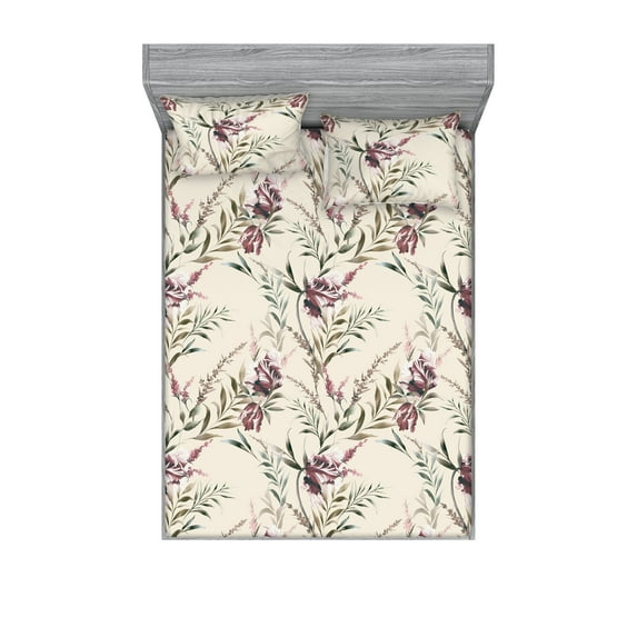 Floral Boho Fitted Sheet & Pillow Sham Set, Vintage Color Palette Leaves Greenery with Bohemian Flowers Dreamy Art, Decorative Printed 3 Piece Bedding Decor, King, Eggshell Dried Rose, by Ambesonne