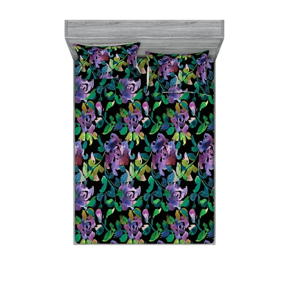 Floral Boho Fitted Sheet & Pillow Sham Set, Watercolor Botanical Art of Jungle Flowers Branches on Dark Back Art, Decorative Printed 3 Piece Bedding Decor, Full, Fern Green Pale Lilac, by Ambesonne