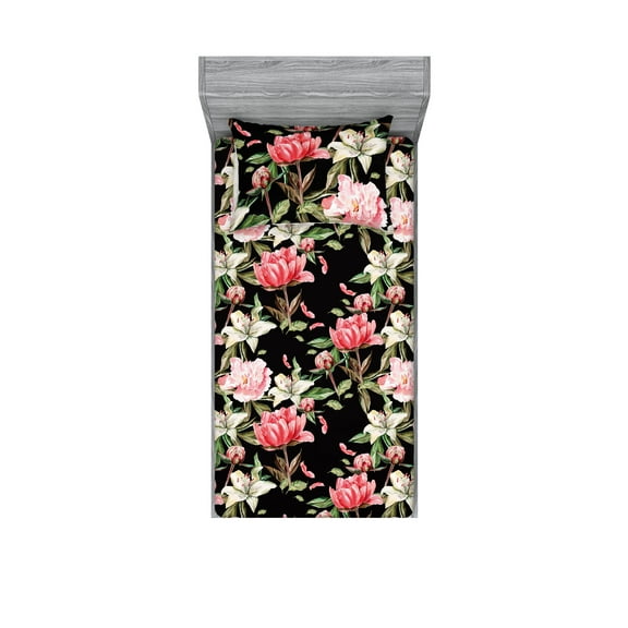 Floral Boho Fitted Sheet & Pillow Sham Set, Wild Jungle Themed Lilac Peony and Buds Pattern with Leaves Greenery, Decorative Printed 2 Piece Bedding Decor, Twin, Dark Coral Fern Green, by Ambesonne