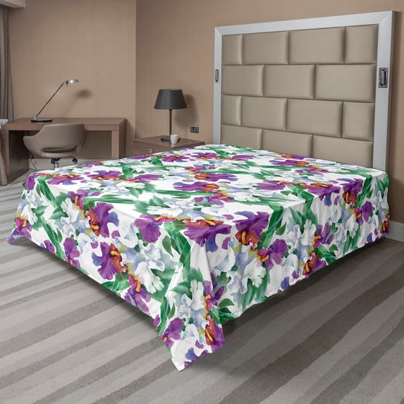 Ambesonne Floral Boho Flat Bedding Sheet Soft Top Sheet, Exotics Botany Pattern, Queen, Purple Forest Green White