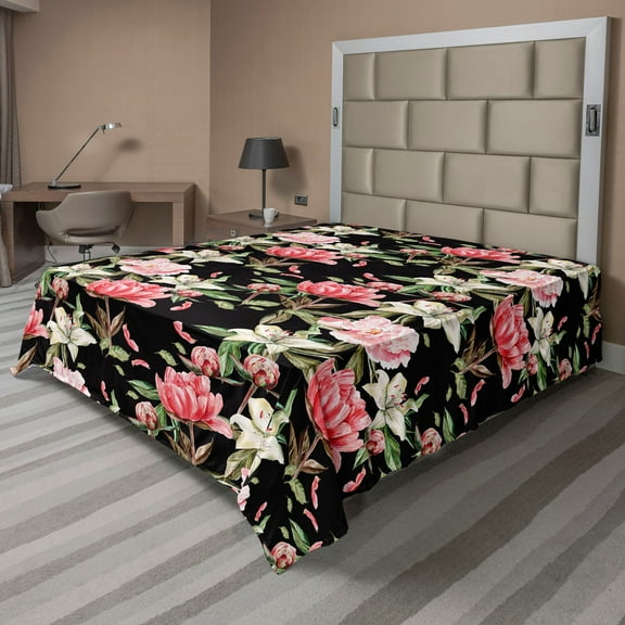 Ambesonne Floral Boho Flat Bedding Sheet Soft Top Sheet, Wild Jungle Lilac Peony, California King, Dark Coral Fern Green