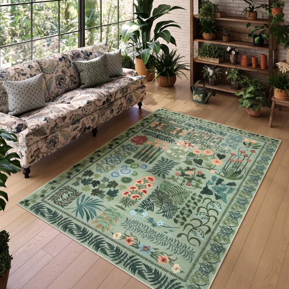 Floral Boho Green Washable Area Rug For Living Room, Botanical Bedroom Dining Room Rug Non Slip, Modern Indoor Throw Carpet For Entryway Kitchen Office Playroom 1x2ft