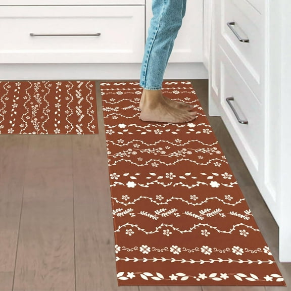 Floral Boho Kitchen Mat Set of 2 Kitchen Decor and Accessories Rug, Red Boho Floral Kitchen Rugs and Mats Non-Skid Washable Kitchen Floor Mats for in Front of Sink Floor