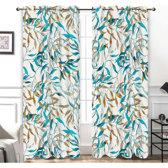 Floral Boho Leaf Blackout Curtains Botanical Plant Leaves Print Curtain, Bohemian Modern Farmhouse Rustic Window Drapes 2 Panels for Living Room Bedroom Kitchen Cafe-42"W x 45"L (Pack of 2)