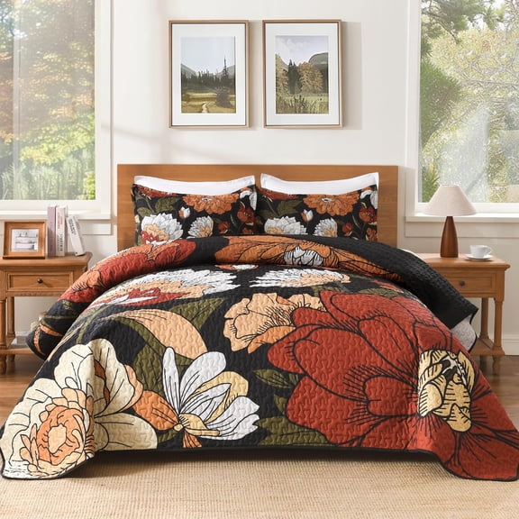 Floral Boho Quilt King Size Bedding Set Black, 3 Pieces Farmhouse Flower Botanical Summer Bedspreads with 2 Shams, Soft Reversible Lightweight Microfiber Coverlet Set for All Season, 106"x96"