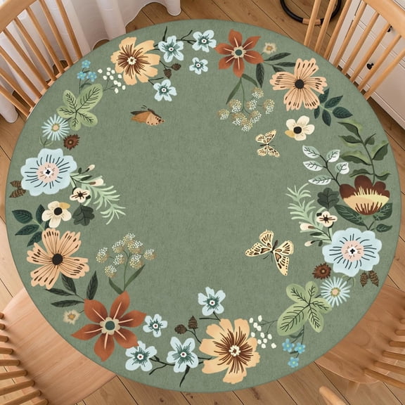 Floral Boho Round Fitted Tablecloth Best for 44"-48" Green Bohemian Table Cloth Spring Elastic Edge Water-Resistant Washable Butterfly Flower Table Cover for Party Picnic Camping Outdoor Indoor Decor