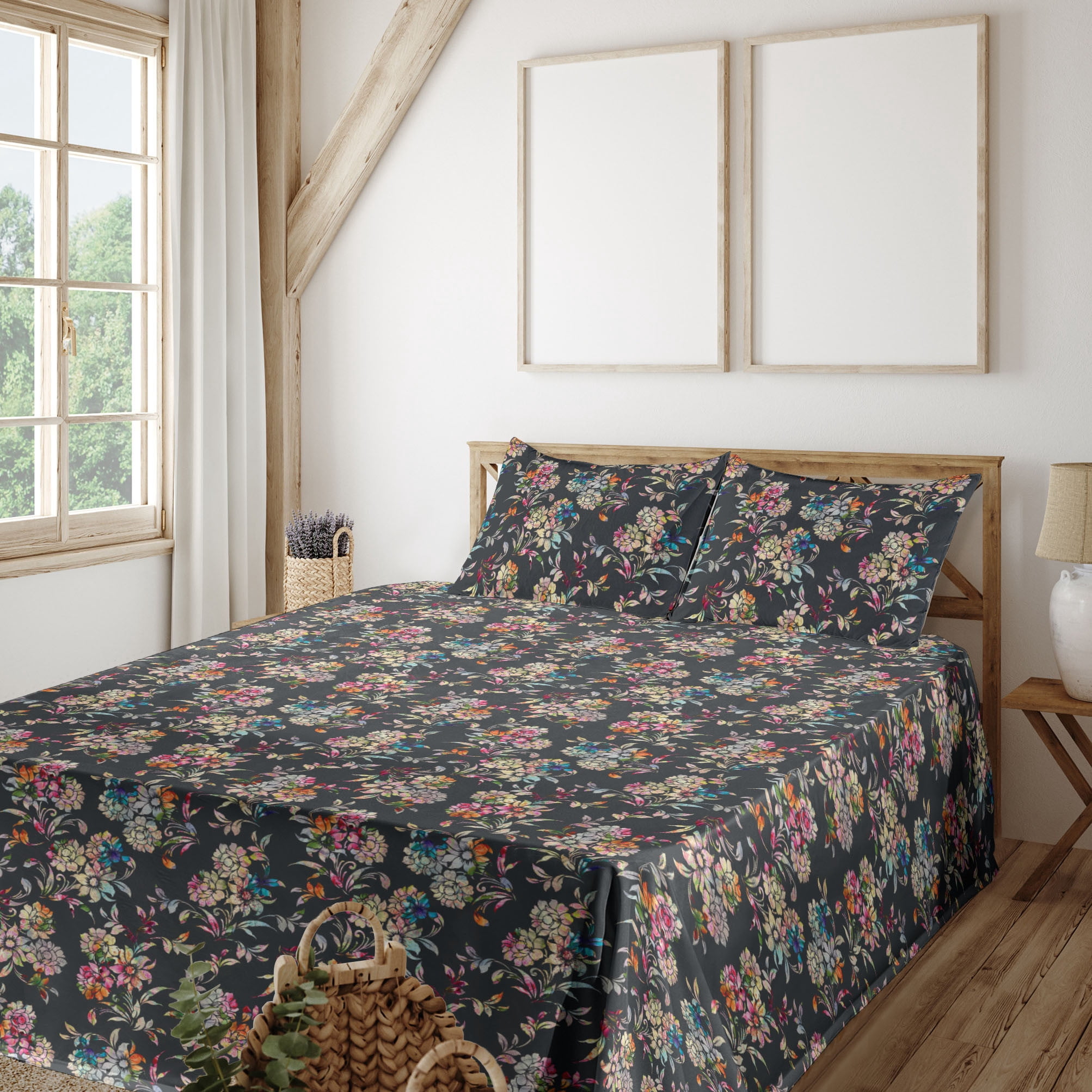 Floral Boho Sheet Set, Colorful Design Blooming Flowers Pattern with ...