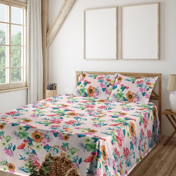 Ambesonne Floral Boho Fitted & Flat Sheet with Shams 4 Pcs Set, Delicate Flowers Dreamy, Full, Blush Multicolor