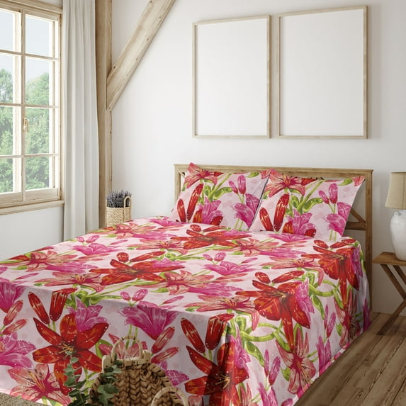 Ambesonne Floral Boho Fitted & Flat Sheet with Shams 4 Pcs Set, Fantasy Tiger Lily Art, Queen, Dark Coral Hot Pink
