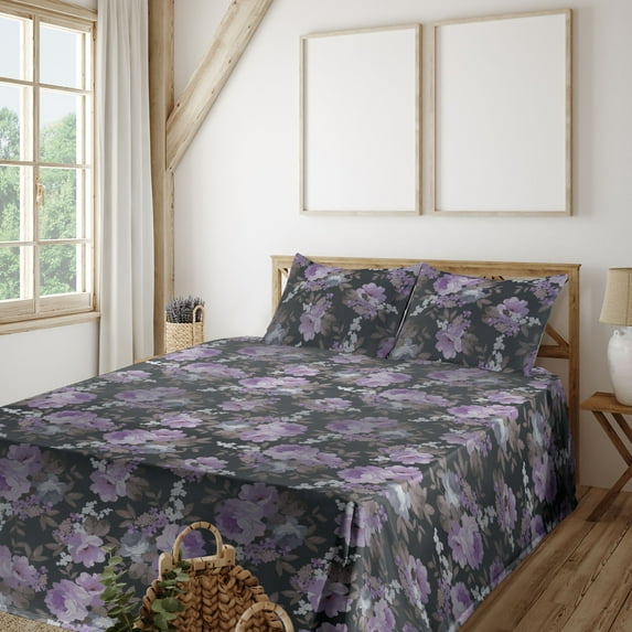 Ambesonne Floral Boho Fitted & Flat Sheet with Shams 4 Pcs Set, Gothic Flowers Print, Calking, Pale Lilac Dusk Off White