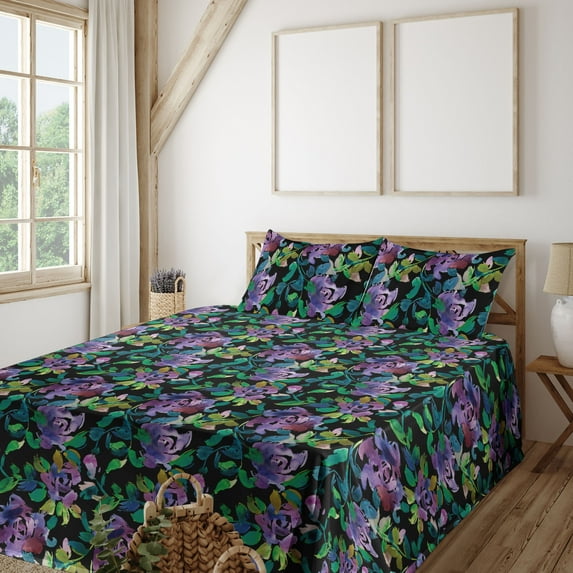 Ambesonne Floral Boho Fitted & Flat Sheet with Shams 4 Pcs Set, Watercolor Jungle Print, Queen, Fern Green Pale Lilac