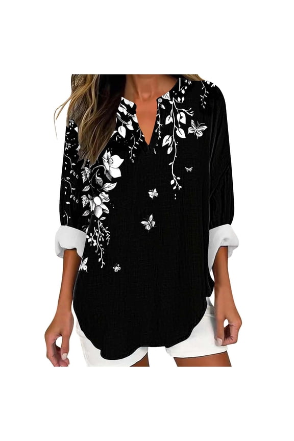 Floral Boho Shirts Womens V Neck Plus Size Tunic Tops Long Sleeve Dressy Summer Office Work Tops Loose Fit Trendy Business Casual Blouses
