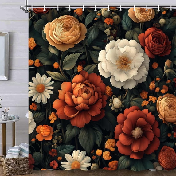 Floral Boho Shower Curtain, Black Abstract Bohemian Tropical Plant Red Orange White Flower Botanical Bathroom Curtains,Black Modern Aesthetic Leaves Fabric Shower Curtain with Hooks 72X84in