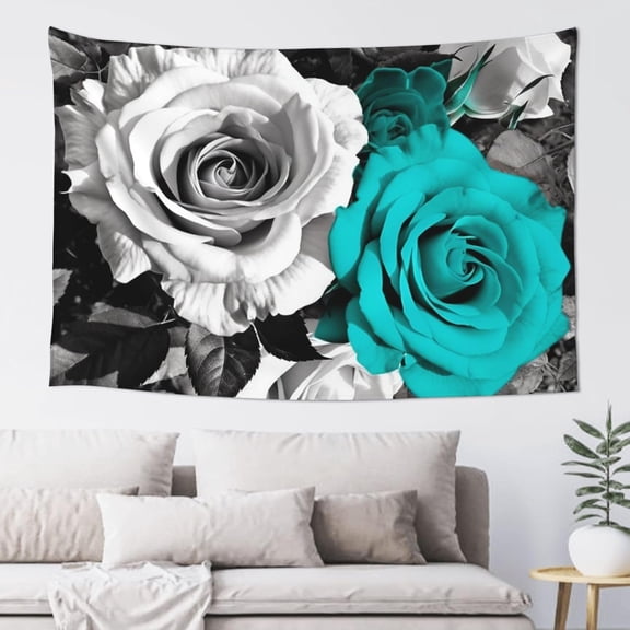 Floral Boho Tapestry Wall Hanging, Black White Teal Gray Rose Design, Vertical Decorative Wall Art Poster Flag, 60 x 40 Inch for Bedroom or Living Room Decor