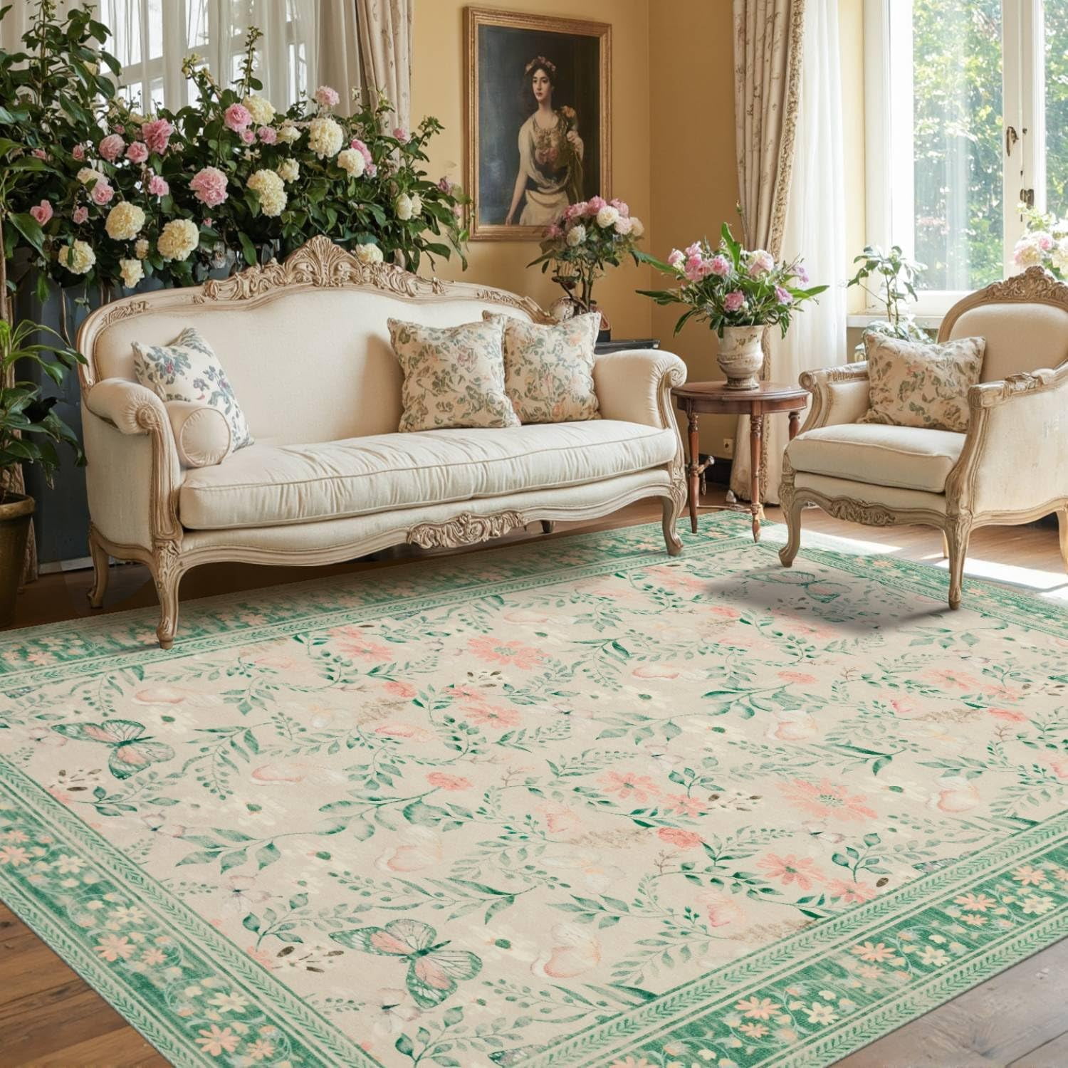 Floral Boho Vintage Area Rug, Green, Machine Washable, NonSlip, Low — free download