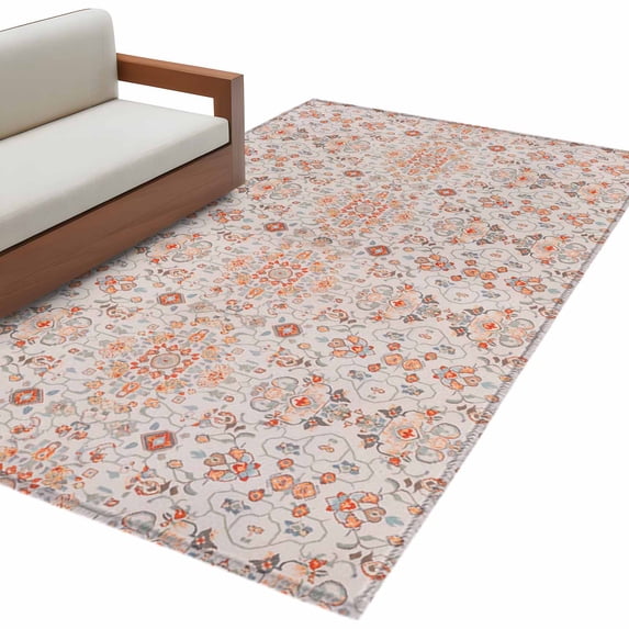 Floral Boho Washable Area Rug 3 x 5 ft Tribal Style Flowers , Soft Non Slip Rugs Stain Repellent Indoor Felt Carpet for Living Dining Room Bedroom Home Office