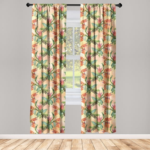 Floral Boho Window Curtains, Romantic Exotics Pattern with Flower and Leaf Pattern on Neutral Back, Lightweight Decor 2-Panel Set with Rod Pocket, Pair of - 28"x95", Vermilion Fern Green, by Ambesonne