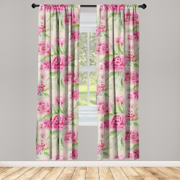 Floral Boho Window Curtains, Simple Modern Blooming Roses Watercolor Style Delicate Flowers Print, Lightweight Decor 2-Panel Set with Rod Pocket, Pair of - 28"x84", Fern Green Hot Pink, by Ambesonne