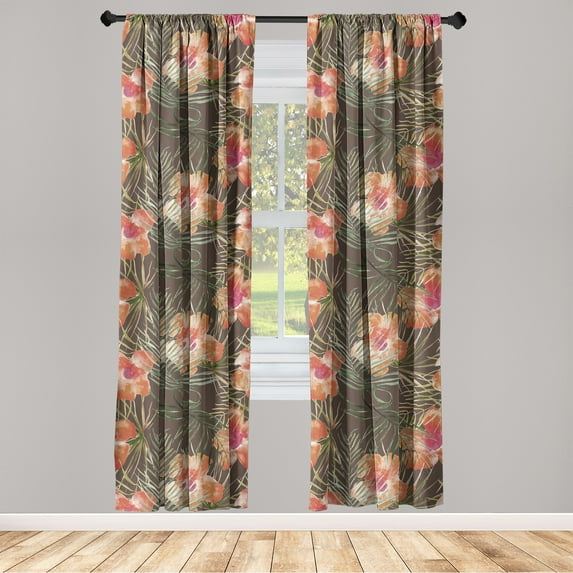 Floral Boho Window Curtains, Tropical Feels Watercolor Flowers Vintage with Leaves Greenery, Lightweight Decor 2-Panel Set with Rod Pocket, Pair of - 28"x84", Pale Vermilion Jade Green, by Ambesonne