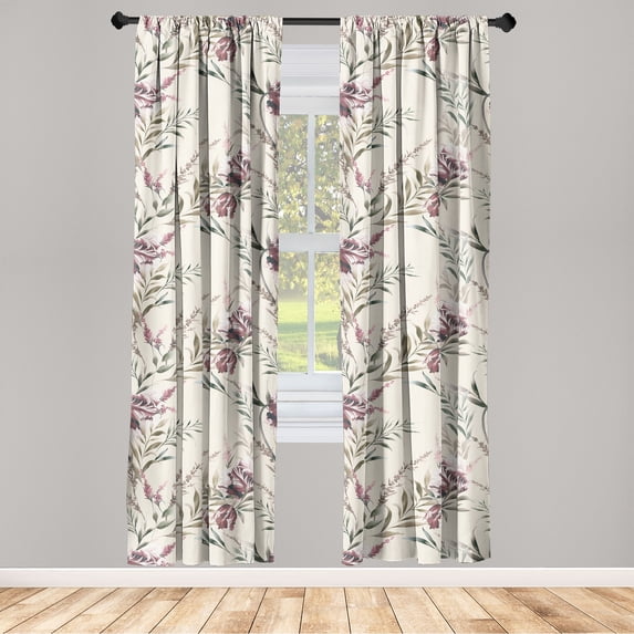 Floral Boho Window Curtains, Vintage Color Palette Leaves Greenery with Bohemian Flowers Dreamy Art, Lightweight Decor 2-Panel Set with Rod Pocket, Pair of - 28"x63", Eggshell Dried Rose, by Ambesonne