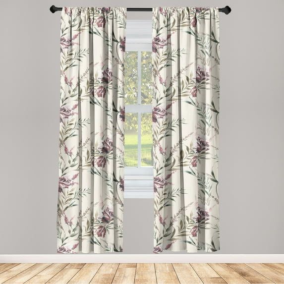 Floral Boho Window Curtains, Vintage Color Palette Leaves Greenery with Bohemian Flowers Dreamy Art, Lightweight Decor 2-Panel Set with Rod Pocket, Pair of - 28"x84", Eggshell Dried Rose, by Ambesonne
