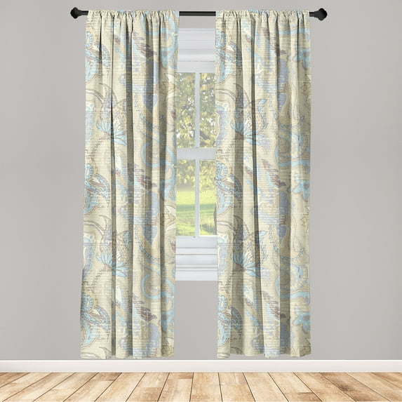 Floral Boho Window Curtains, Vintage Silhouettes of Flowers Motif on Grunge Designed Backdrop, Lightweight Decor 2-Panel Set with Rod Pocket, Pair of - 28"x63", Pale Camel Pale Sky Blue, by Ambesonne