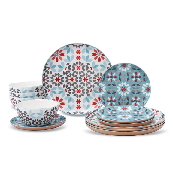 Floral Bone China Dinnerware Set, 12 Piece Service for 4, Blue Red Gray Pattern, Dishwasher Microwave Safe