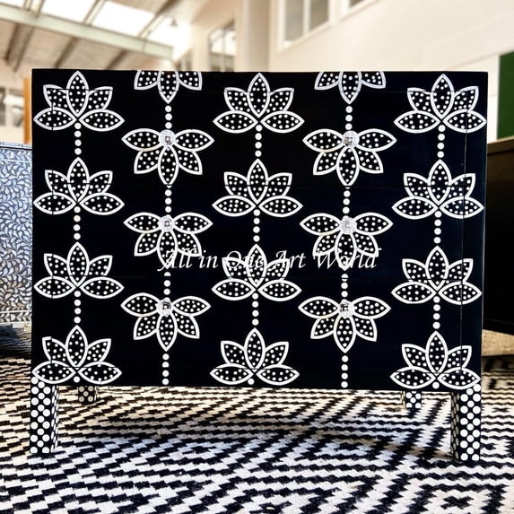 Floral Bone Inlay Chest of 3 Drawers Black, Bone inlay dresser, bone inlay vanity, Bone Inlay commode