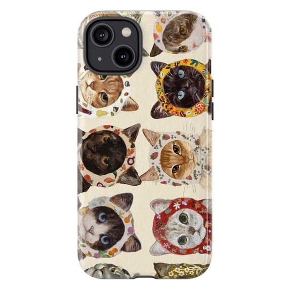 Floral Bonnet Cat Phone Case, Vintage Folk Art Kitty Collage iPhone Cover, Cute Illustrated Artistic Case for iPhone 16 15 14 13 12 11 Plus Pro Max Mini