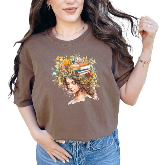 Floral Book Lover T-Shirt, Artistic Floral Head Design, Books and Flowers Art Tee, Unique Reader Gift, Literary Art, Boho Bookworm Shirt, Espresso Comfort Colors T-Shirt, Small