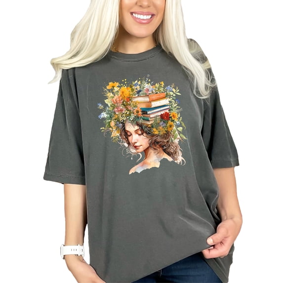 Floral Book Lover T-Shirt, Artistic Floral Head Design, Books and Flowers Art Tee, Unique Reader Gift, Literary Art, Boho Bookworm Shirt, Pepper Comfort Colors T-Shirt, Medium