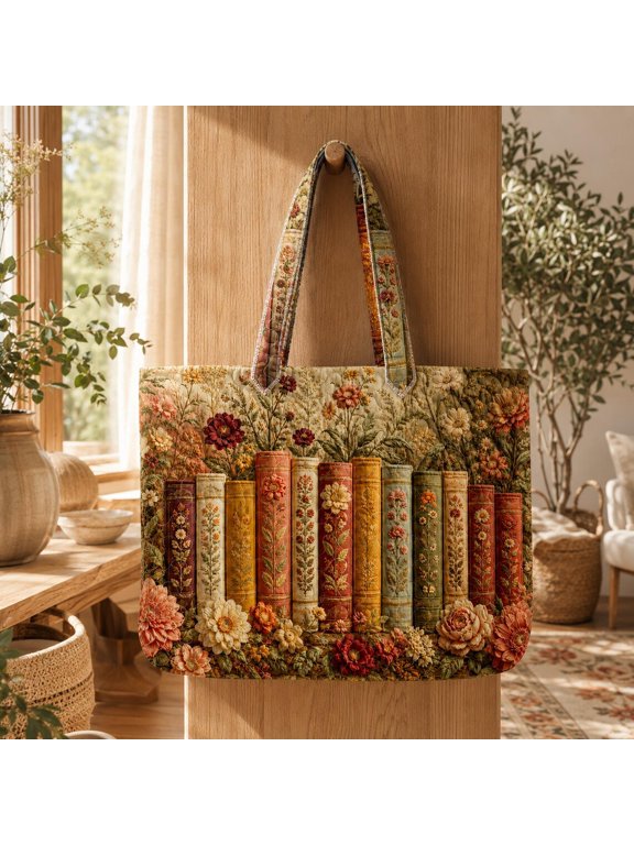 Floral Book Quilted Tote Bag, Colorful Flower Book Handbag, Patchwork Shoulder Bag, Gift for Book Lovers & Garden Fans