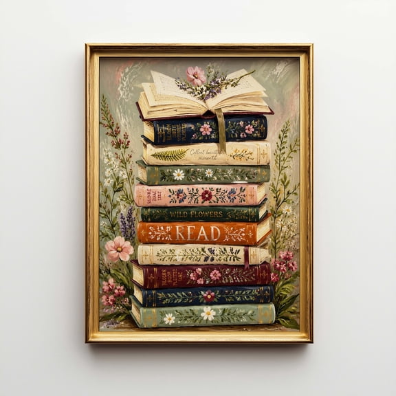 Floral Book Stack Cottagecore Gouache Reading Nook Poster Unframed Paper Print