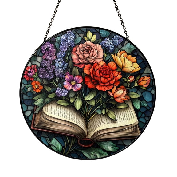 Floral Book Window Suncatcher Acrylic Stained Glass Style Hanging Decor, Botanical Reading Decorative Panel Art for Window Decoration Library Inspired Home Decor