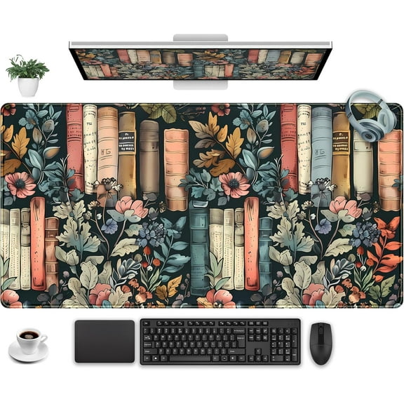 Floral Books Desk Mat Reading Desk Pad Mat XXL, Colorful Keyboard Pad Flower Bookshelf Desktop Mat, Long Computer Mats Aesthetic Desk Accessory Reader's Decor 31.5" x 15.7"